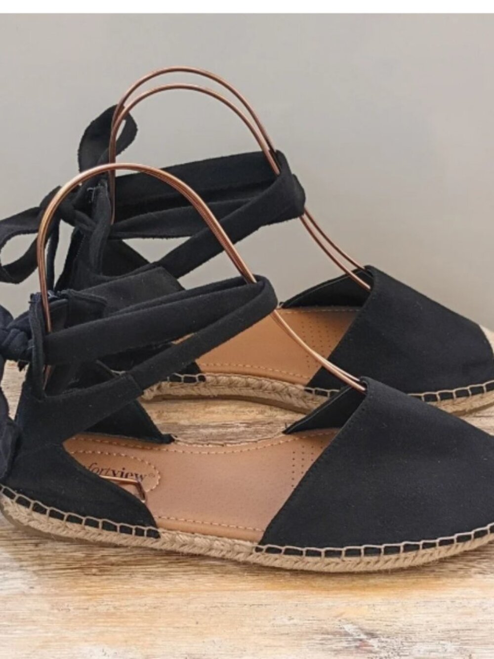 Comfortview Shayla Black Ankle Wrap Espadrille Flats Shoes Womens 10W Boho